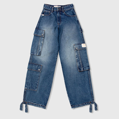 Cargo Multi-Pocket Denim Pants - Deep Blue