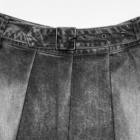 Denim Pleated Mini Skirt - Washed Black