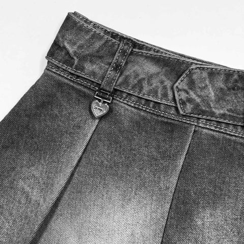 Denim Pleated Mini Skirt - Washed Black