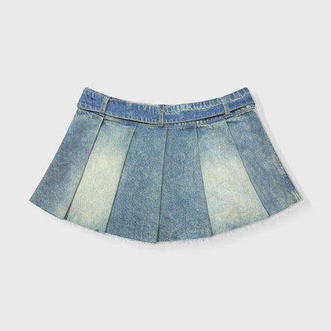 Denim Pleated Mini Skirt - Light Blue