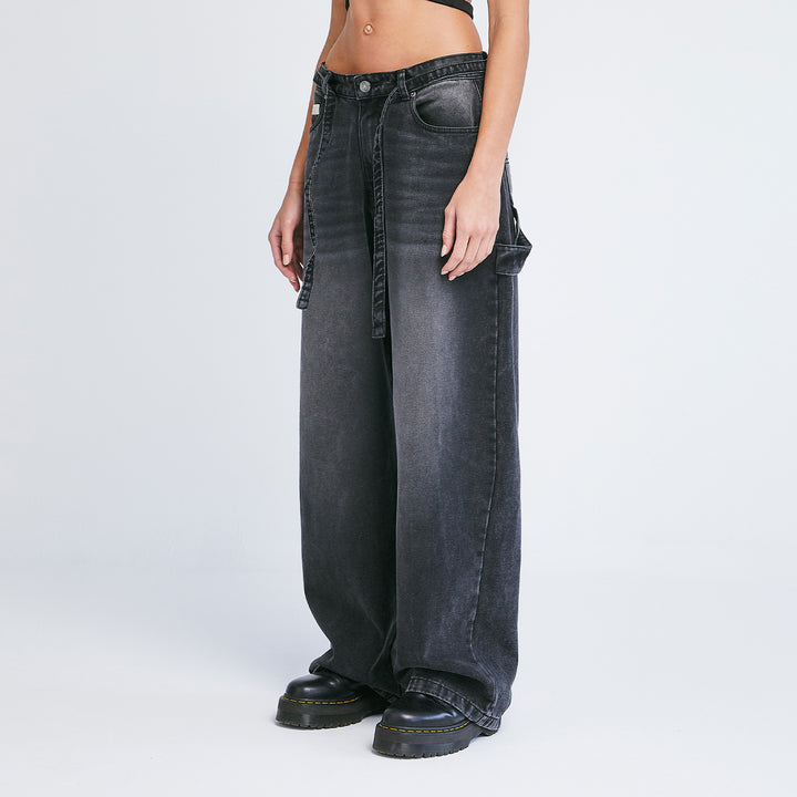 Dirty-Wash Wide-Leg Pants - Black