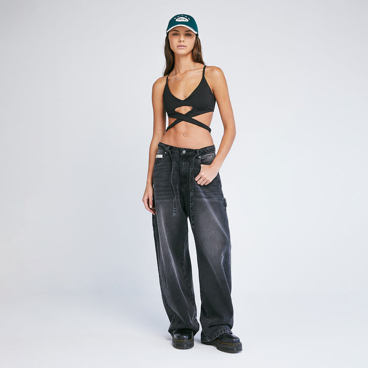 Dirty-Wash Wide-Leg Pants - Black