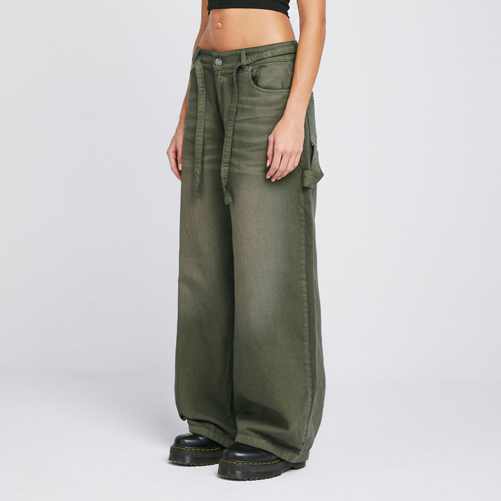 Dirty-Wash Wide-Leg Pants - Military Green