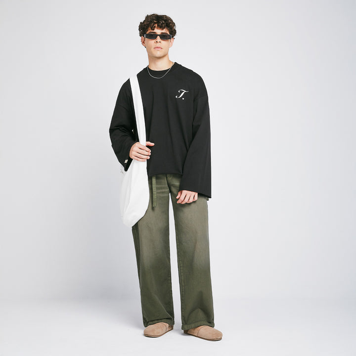 Dirty-Wash Wide-Leg Pants - Military Green