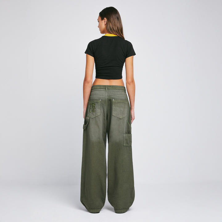 Dirty-Wash Wide-Leg Pants - Military Green