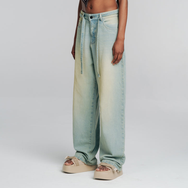 Dirty-Wash Wide-Leg Jeans - Blue