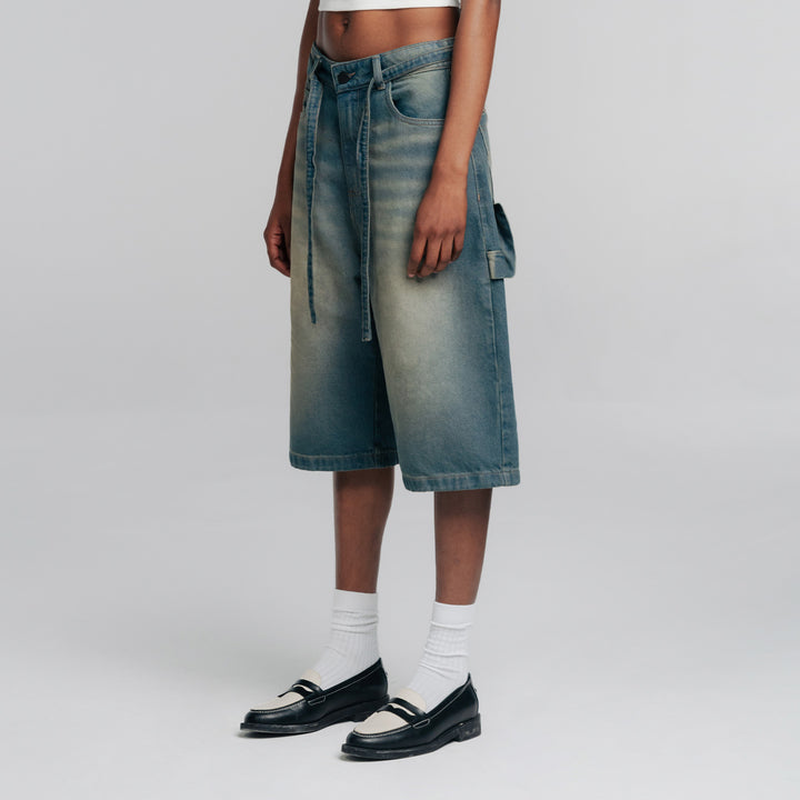 Dirty-Wash Wide-Leg Jorts - Dark blue