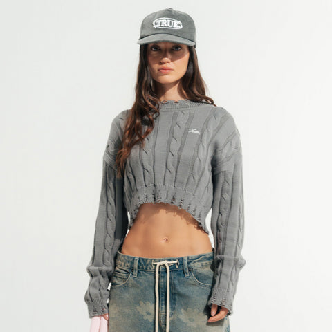 Distressed Knit Crop Sweater - Gray