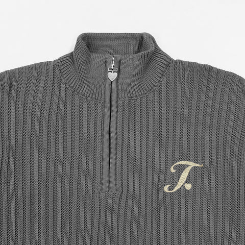 Distressed Zip Knit Sweater - Gray