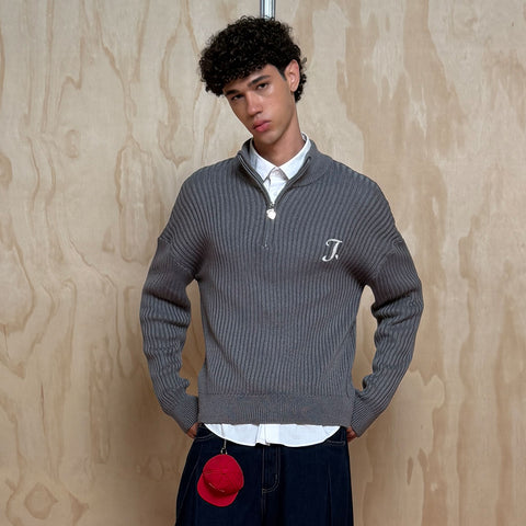 Distressed Zip Knit Sweater - Gray