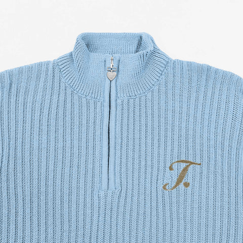 Distressed Zip Knit Sweater - Light Blue