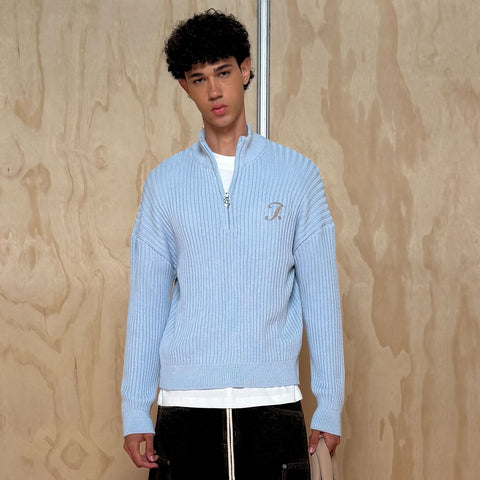 Distressed Zip Knit Sweater - Light Blue