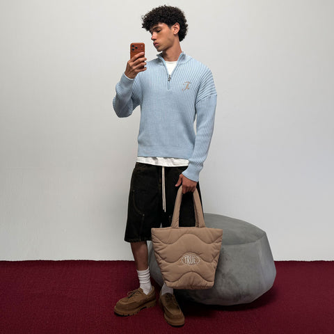 Distressed Zip Knit Sweater - Light Blue