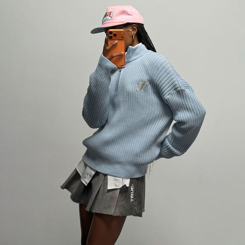 Distressed Zip Knit Sweater - Light Blue
