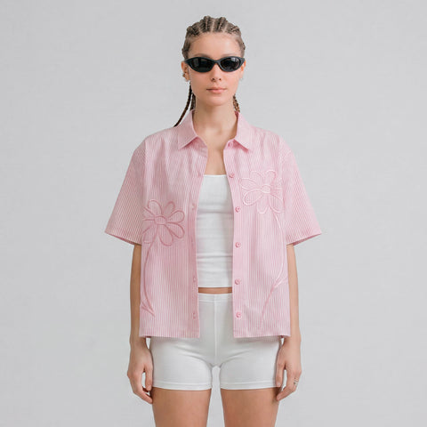 Embroidered Flower Boxy Shirt - Pink