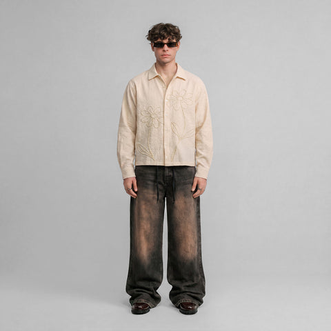 Embroidered LS Boxy Shirt - Sand