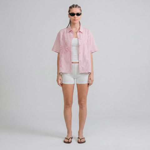 Embroidered Flower Boxy Shirt - Pink