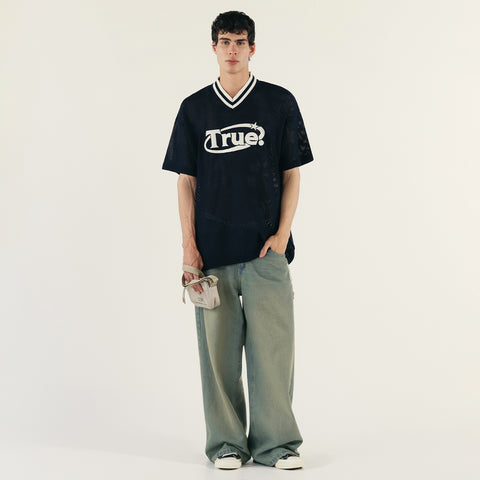 Knit Oversized V-Neck Jersey - Navy Blue