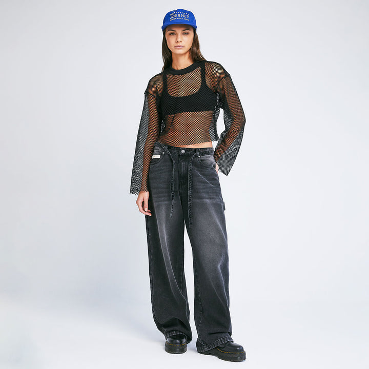 Mesh LS Crop Top - Black