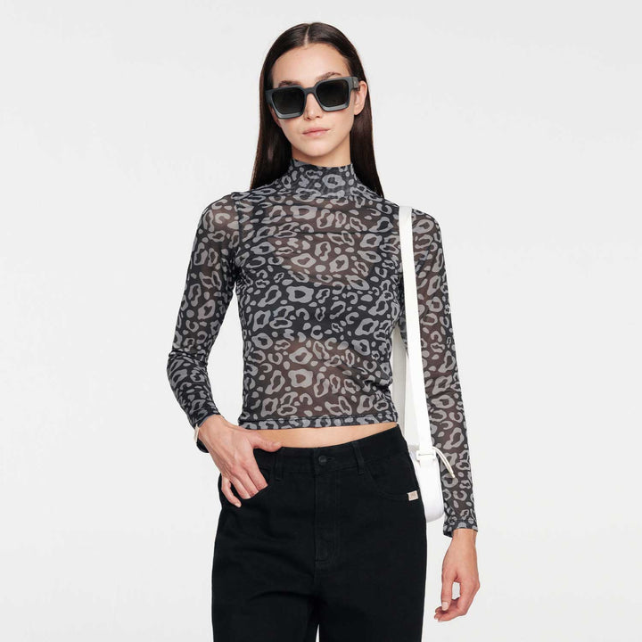 Animal Print Mesh LS Top - Black