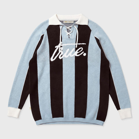 Striped Knit Oversized LS Polo - Blue