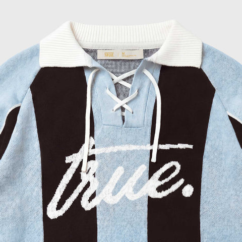Striped Knit Oversized LS Polo - Blue