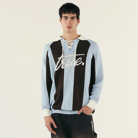 Striped Knit Oversized LS Polo - Blue