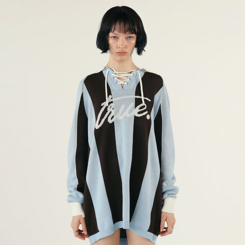 Striped Knit Oversized LS Polo - Blue
