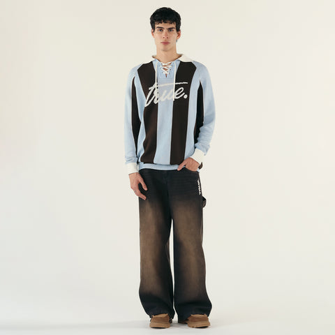 Striped Knit Oversized LS Polo - Blue