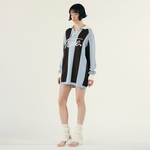 Striped Knit Oversized LS Polo - Blue