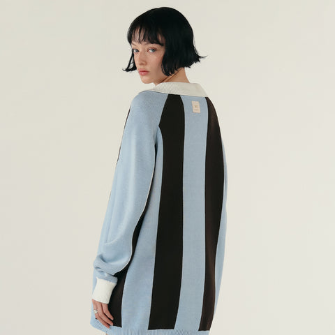 Striped Knit Oversized LS Polo - Blue