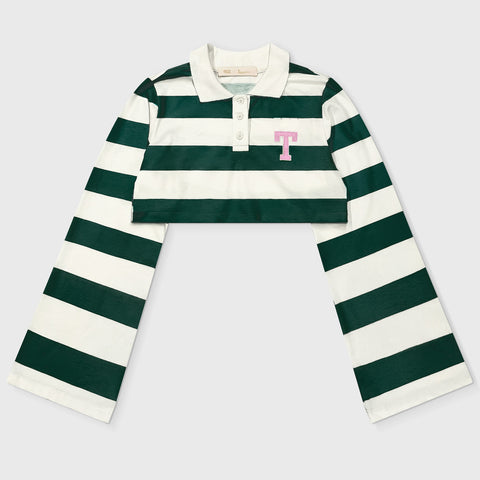 Striped Polo Crop - Pine Green
