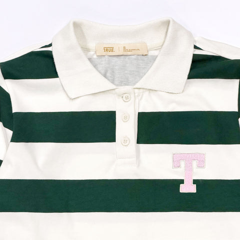 Striped Polo Crop - Pine Green