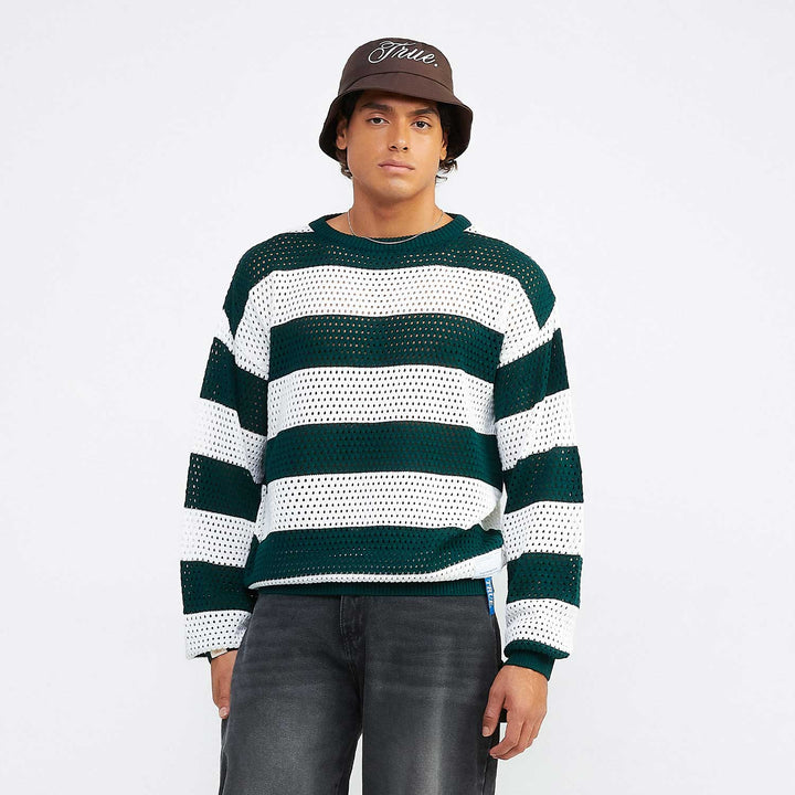 Striped Knit Pullover - Pine Green